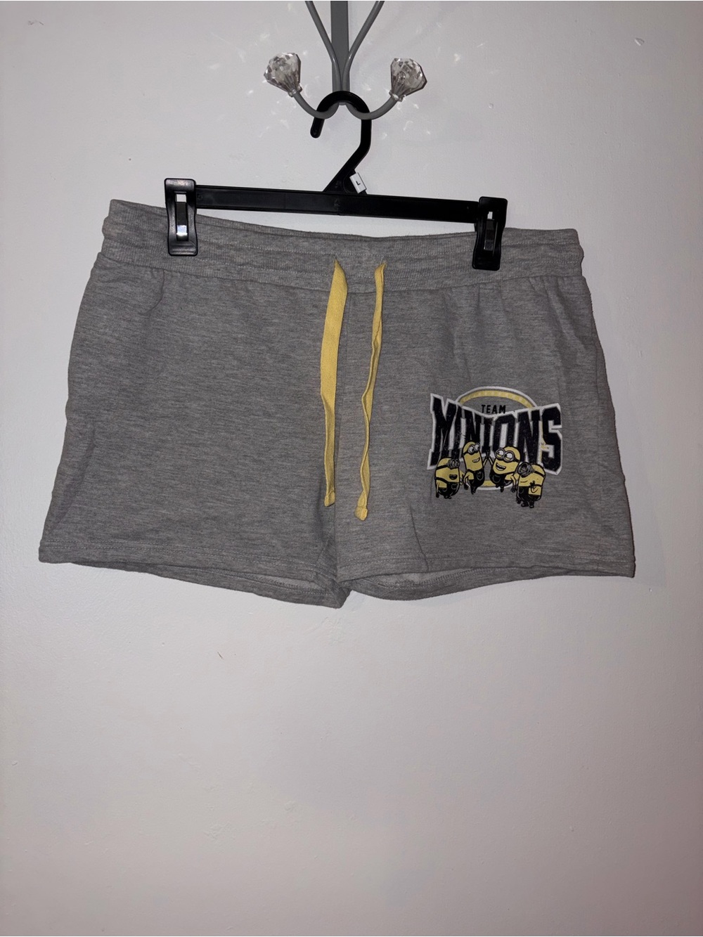 Women's Gray Athletic Lounge Shorts with Yellow Drawstring and Graphic